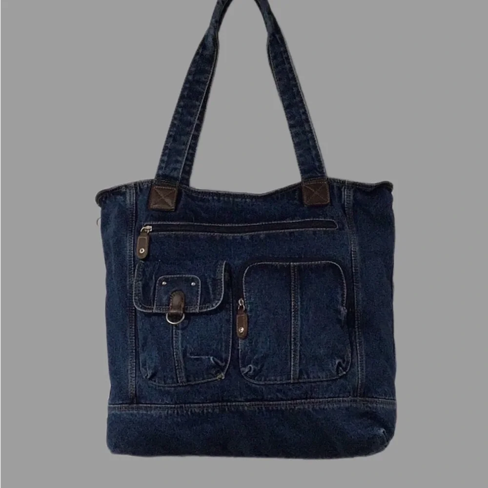 Denim Lightweight Large Tote, Shoulder Bag, Shopping, Pocket Decor, Cotton, Blue - Picture 2 of 11